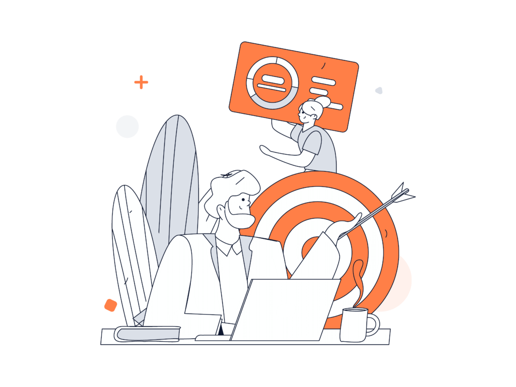 Illustration av en person vid ett skrivbord med en bärbar dator, funderar medan han håller en penna. Bakom en annan person håller en stor, orange målikon. En rykande kaffemugg och travar med böcker står också på skrivbordet, som om de är redo att dyka in i sökmotorernas värld för nya insikter.