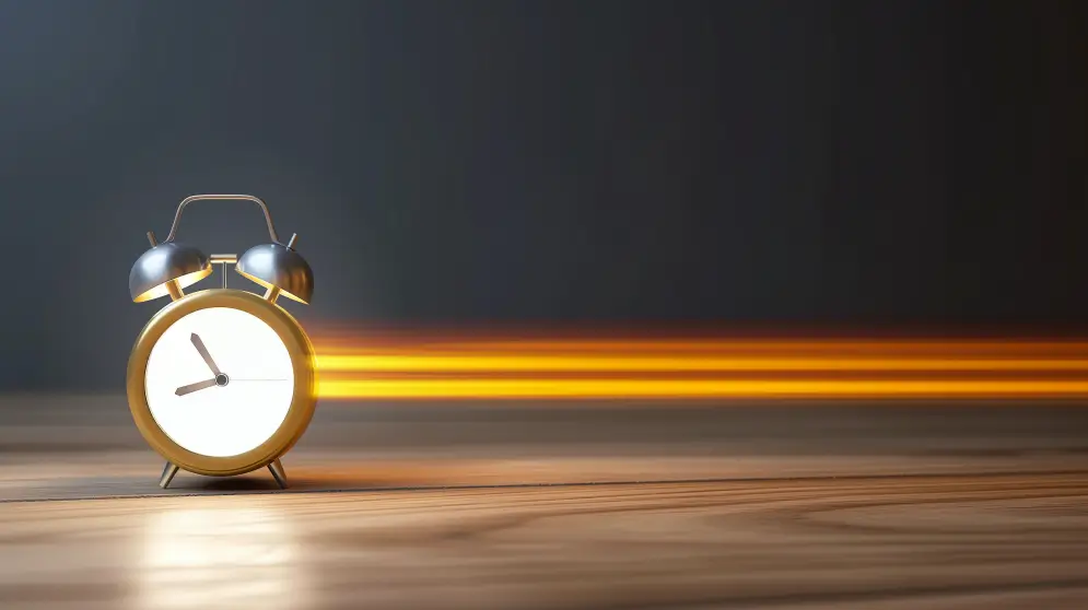 En klassisk väckarklocka med gul kropp och klockor, illustrerad med rörelselinjer som antyder hastighet, sitter på en träyta. Trots sin brådska kontrasterar den starkt mot en mörk bakgrund som en långsam hemsida som aldrig tycks komma ikapp.