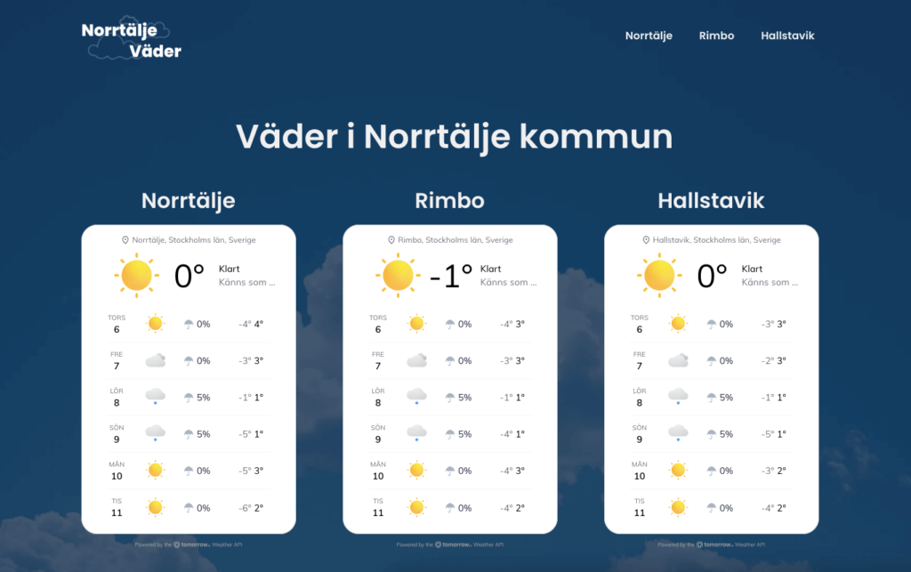 Webb+ lanserar Norrtäljeväder.se, en ny tjänst för väder Norrtälje, väder Rimbo och väder Hallstavik. Varje sektion visar väderprognoser för kommande dagar med temperaturer, symboler för väderförhållanden och "Känns som" information. Bakgrunden är en klarblå himmel och all text är på.