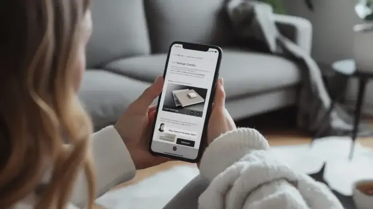 En person håller i en smartphone som visar upp en mobilanpassad hemsida med en produkt, kanske en bärbar dator eller surfplatta. De sitter bekvämt i ett mysigt vardagsrum med en grå soffa och planterar i bakgrunden.