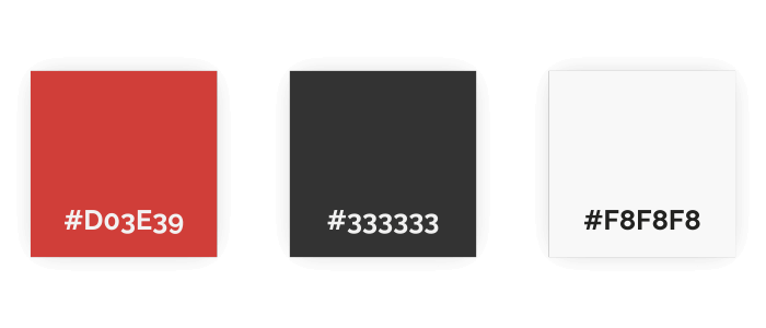 Tre färgrutor sida vid sida: röd (#D03E39), mörkgrå (#333333) och vit (#F8F8F8), var och en på en ljus bakgrund - perfekt för rena Ecobox-inspirerade palettdesigner.