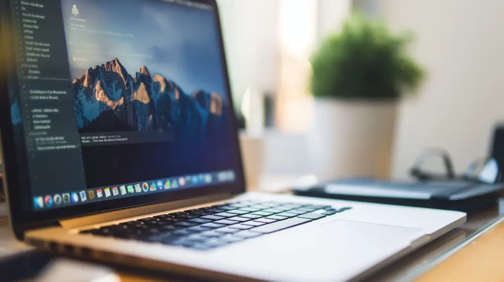 En bärbar dator med en bakgrundsbild av ett bergslandskap står på ett skrivbord bredvid en anteckningsbok, en penna och en krukväxt i ett väl upplyst rum - perfekt för den som söker hjälp att uppdatera hemsida.