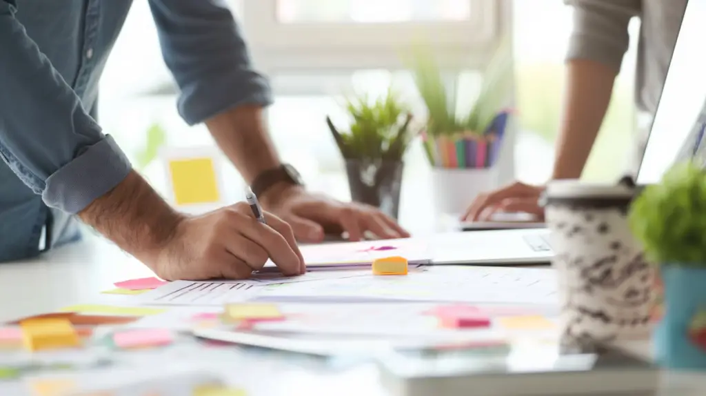 Två personer som arbetar vid ett skrivbord täckt av dokument och klisterlappar diskuterar hjälp att uppdatera hemsida. Den ena skriver på papper medan den andra står vid en laptop, omgiven av växter och kontorsmaterial i bakgrunden.