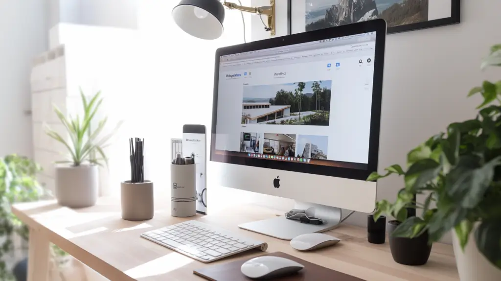 En modern, ljus arbetsplats med en iMac som visar en webbplats - perfekt för dig som söker hjälp att uppdatera hemsida - omgiven av krukväxter, en lampa, skrivmaterial, tangentbord, mus och en anteckningsbok på ett ljust träbord.