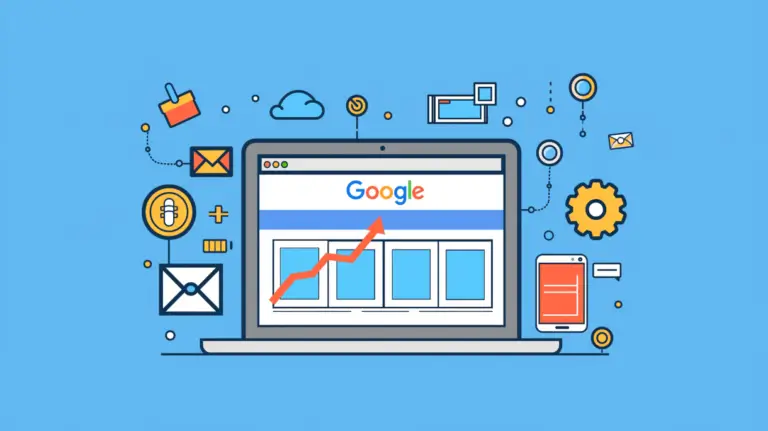 Illustration av en laptop som visar en Google-söksida med en uppåtriktad röd graflinje, omgiven av digitala marknadsföringsikoner som symboliserar fler besökare och öka trafiken till din hemsida, allt mot en blå bakgrund.