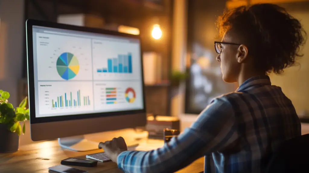 En person sitter vid ett skrivbord i ett svagt upplyst kontor och analyserar diagram och grafer om hur man kan öka trafiken till sin hemsida. På arbetsplatsen finns ett tangentbord, en mus, en växt och andra kontorsmaterial.
