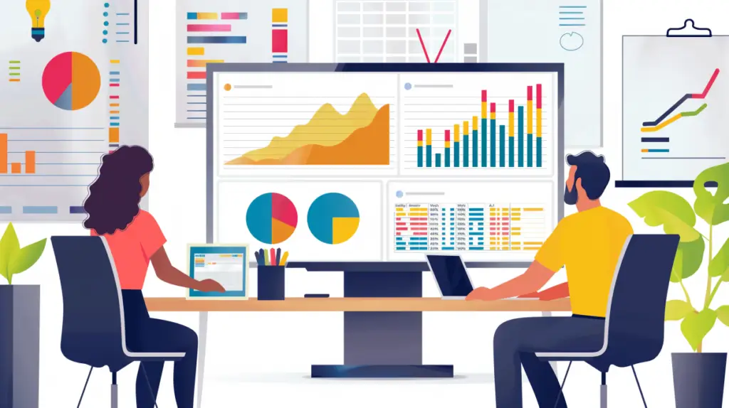 Två personer sitter vid ett skrivbord och analyserar färgglada diagram och grafer om hur man kan öka trafiken och få fler besökare till en hemsida, med bärbara datorer framför sig och infografiska affischer på väggarna i en modern kontorsmiljö.