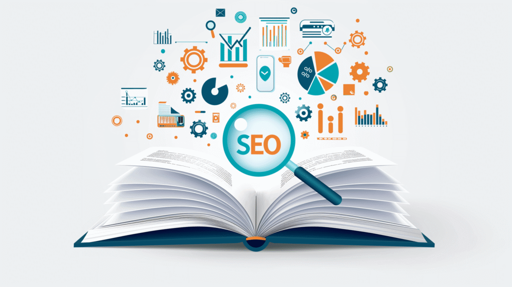 En öppen bok med ett förstoringsglas som visar "SEO" och olika färgglada data-, diagram- och kugghjulsikoner som flyter ovanför och symboliserar sökmotoroptimering tips, Sökmotoroptimering-koncept och analys.