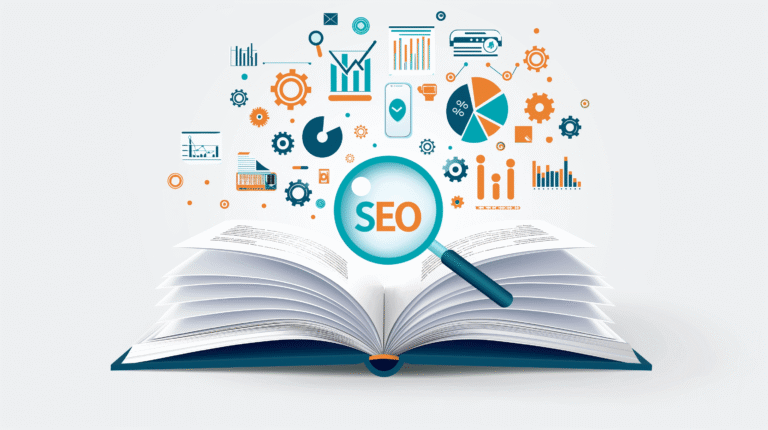 En öppen bok med ett förstoringsglas som visar "SEO" och olika färgglada data-, diagram- och kugghjulsikoner som flyter ovanför och symboliserar sökmotoroptimering tips, Sökmotoroptimering-koncept och analys.