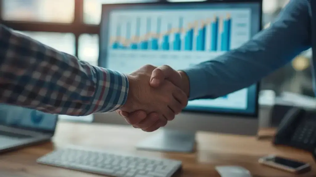 Två personer skakar hand på ett kontor med en datorskärm som visar stapel- och linjediagram i bakgrunden, vilket tyder på ett framgångsrikt affärsavtal - kanske efter insiktsfulla Sökmotoroptimering-tips.