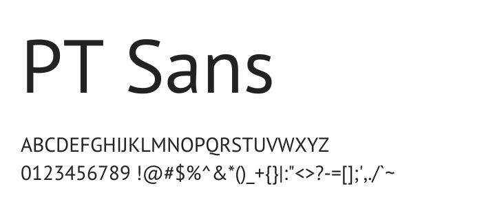 Textprov av typsnittet PT Sans med versaler, siffror och olika symboler på en ljus Ecobox-bakgrund.