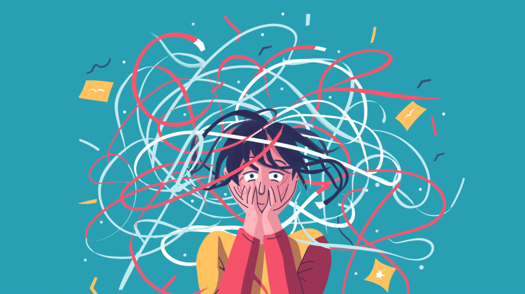 Illustration av en stressad person som håller sitt ansikte med båda händerna och ser orolig ut. Kaotiska, virvlande linjer - som förvirrande Sökmotoroptimering tips - omger huvudet och representerar överväldigande tankar eller förvirring, på en blå bakgrund.