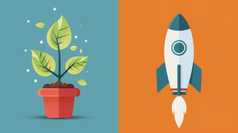 En delad bild: till vänster en krukväxt med gröna blad på en blå bakgrund som symboliserar organisk SEO-tillväxt; till höger en vit raket med blå fenor och eldiga avgaser på en orange bakgrund som representerar SEM-driven acceleration.