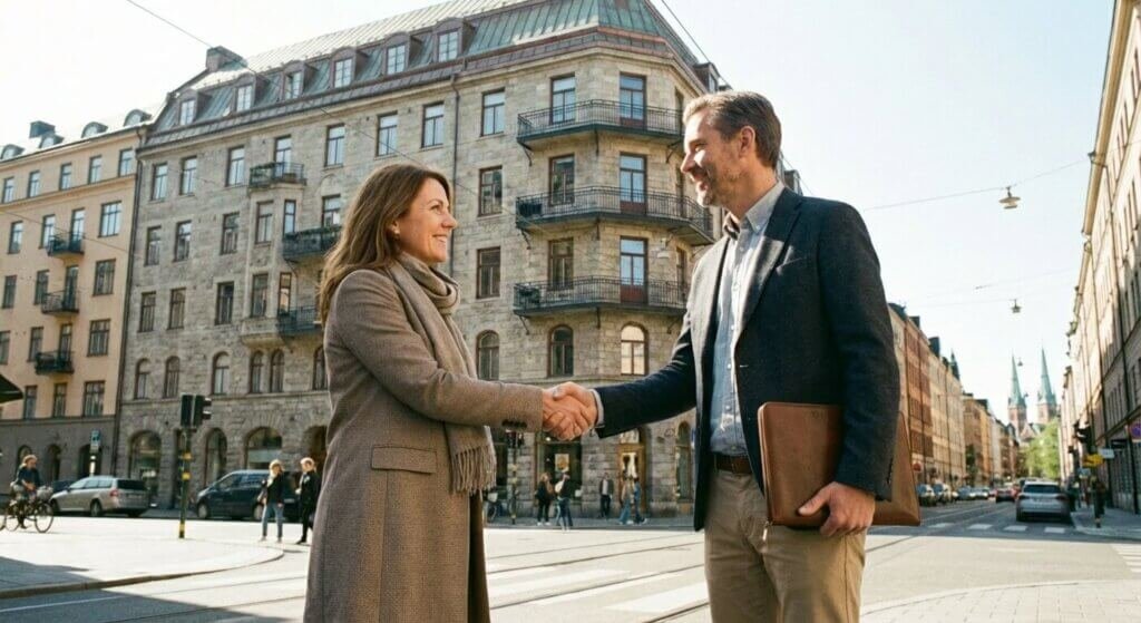 En kvinna och en man i affärskläder skakar hand och ler mot varandra på en solig stadsgata, vilket speglar Stockholms fastighetsägares vision om en tryggare och digital mötesplats bland historiska byggnader, cyklar och gående.