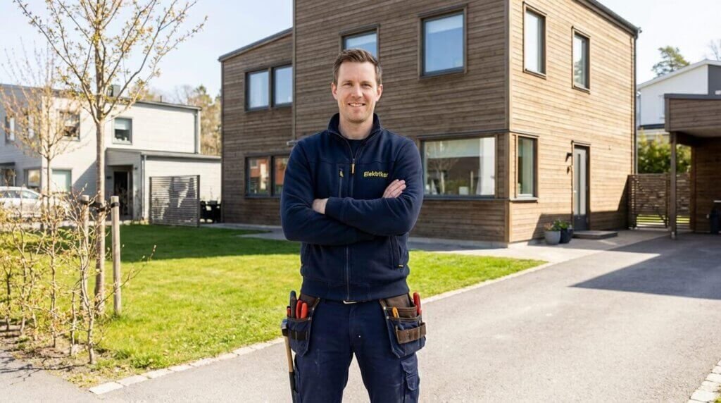 En leende man i marinblå arbetsuniform med verktyg i bältet står med armarna i kors på en uppfart framför ett modernt trähus, redo att ge elservice Täby en solig dag.
