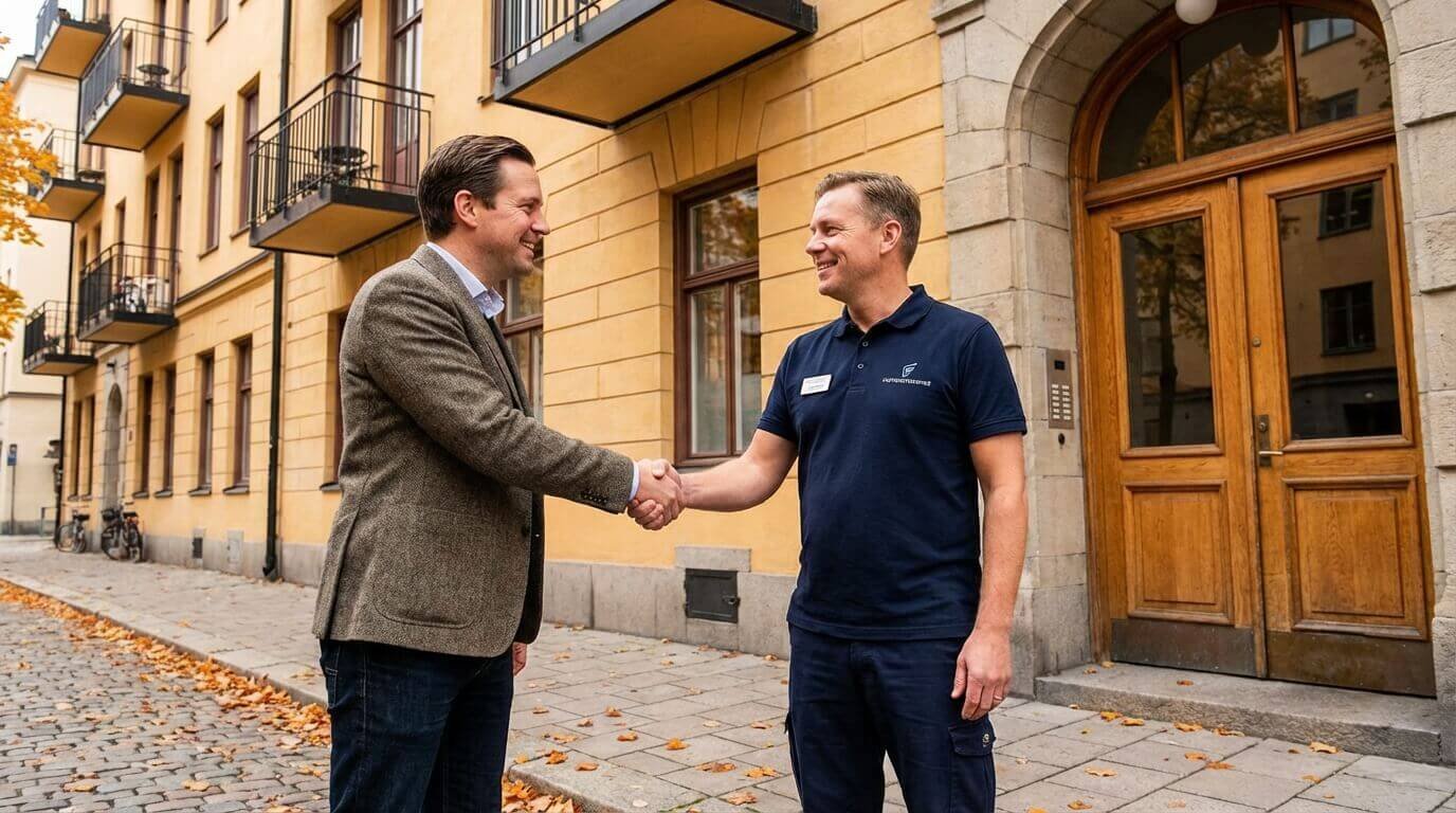 Två män står på en kullerstensbelagd trottoar framför en gul byggnad, ler och skakar hand - kanske efter att ha diskuterat BRF-styrelser eller planer på att byta fastighetsförvaltare inför 2026. Höstlöv ligger utspridda på marken.