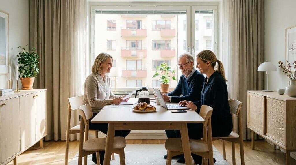Tre personer sitter runt ett matbord i ett ljust, modernt rum med stora fönster och diskuterar guiden för BRF-styrelser. De ler medan de använder bärbara datorer och papper, med bakverk och drycker i närheten. Lätta trämöbler och växter dekorerar rummet.
