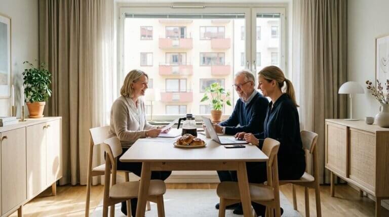 Tre personer sitter runt ett matbord i ett ljust, modernt rum med stora fönster och diskuterar guiden för BRF-styrelser. De ler medan de använder bärbara datorer och papper, med bakverk och drycker i närheten. Lätta trämöbler och växter dekorerar rummet.