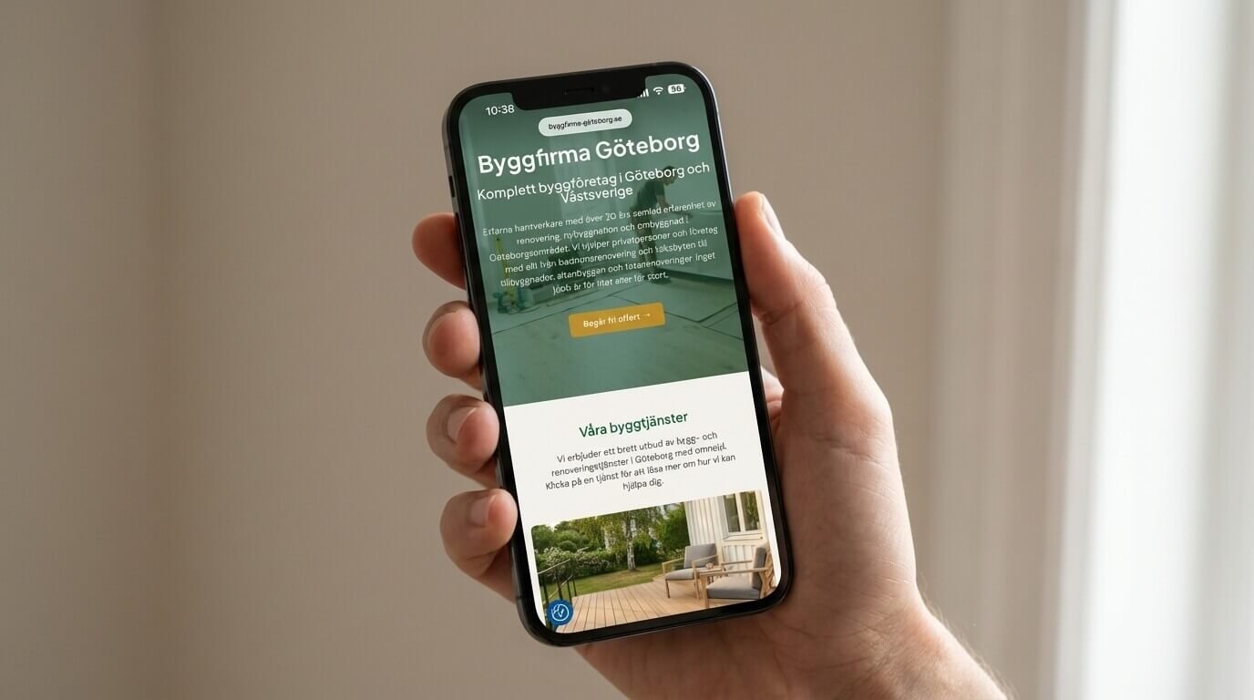 En hand håller i en smartphone som visar hemsidan för en byggfirma i Göteborg, med bygg- och renoveringstjänster, grön och vit text och en iögonfallande orange call-to-action-knapp på skärmen.