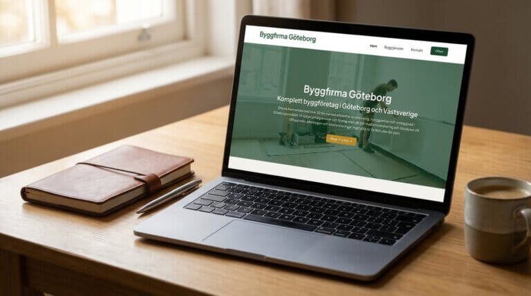 En laptop på ett skrivbord visar en hemsida för "Byggfirma Göteborg". Bredvid den bärbara datorn finns en stängd anteckningsbok med en penna och en mugg; naturligt ljus strömmar in genom ett fönster i bakgrunden, vilket återspeglar fokus på en effektiv SEO-strategi.