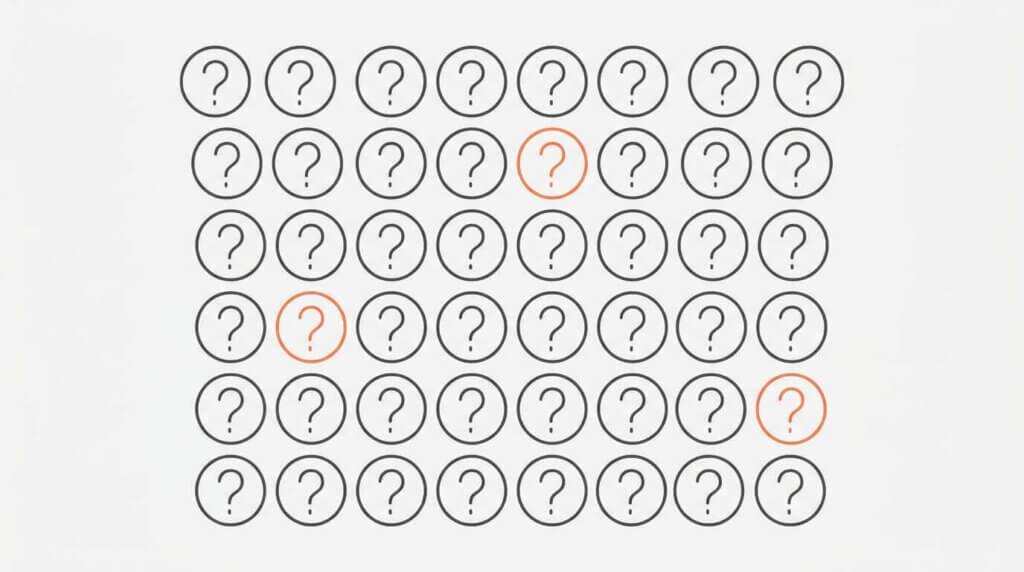 Rutnät med trettio frågetecken där tre är markerade i orange, som representerar de vanligaste frågorna om sökmotoroptimering (SEO)