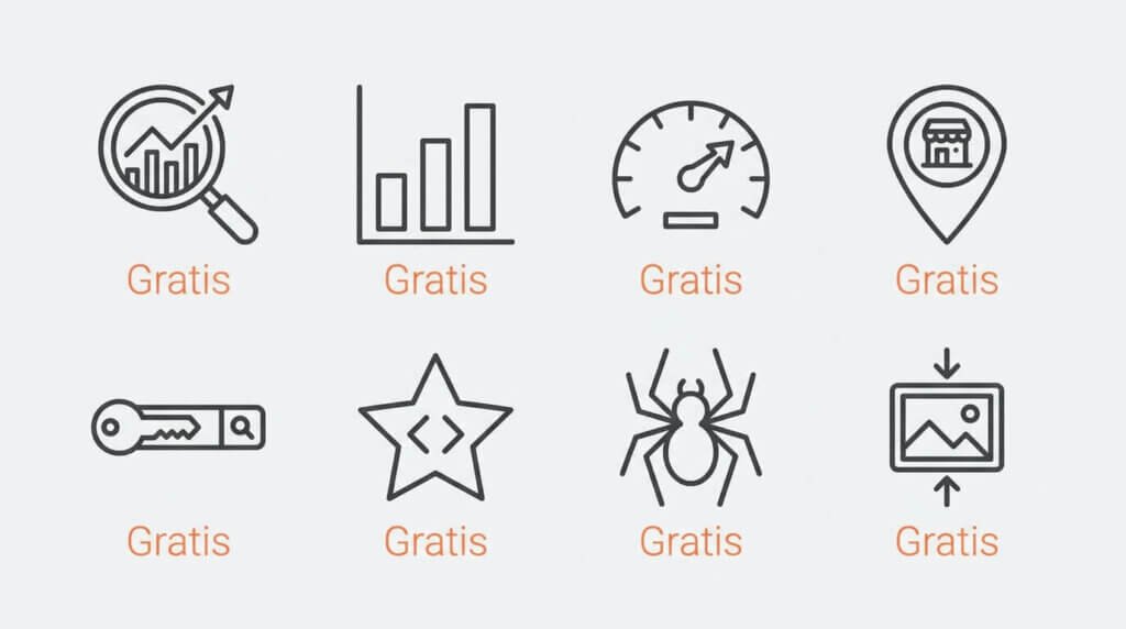 Åtta verktygikoner i två rader med etiketten "Gratis" i orange under varje, som representerar kostnadsfria SEO-verktyg för småföretag
