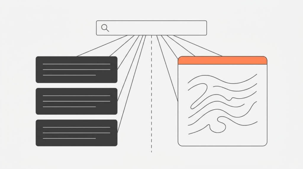 Illustration som visar klassiska sökresultat bredvid ett AI-genererat svar, som visualiserar hur Google förändras med AI Overviews