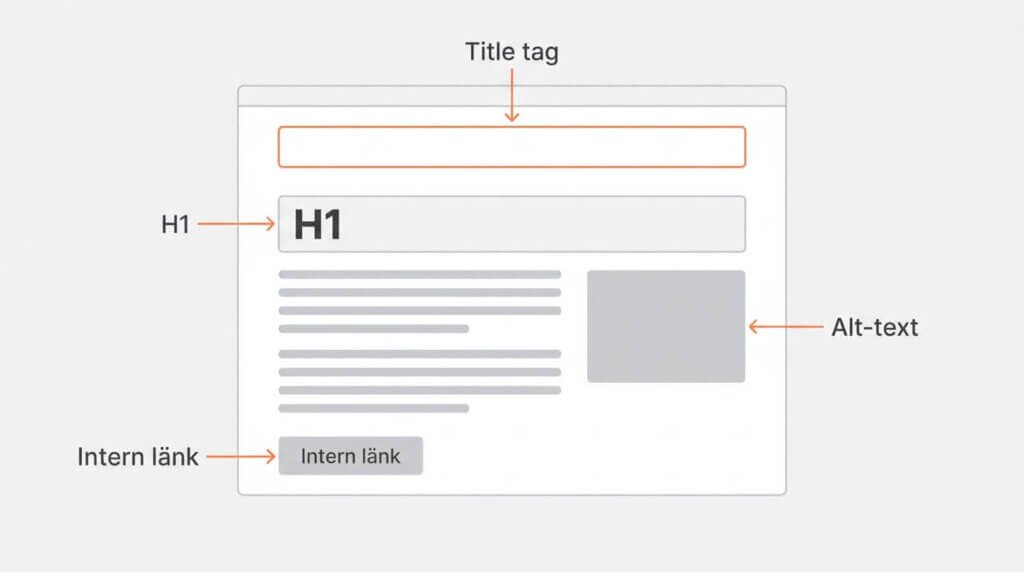 Ett webbsidediagram för SEO, märkt med "Title tag" högst upp, "H1" på en rubrik, "Alt-text" på en bild och "Intern länk" på en knapp och hyperlänk - perfekt som en guide för företagare inom sökmotoroptimering.