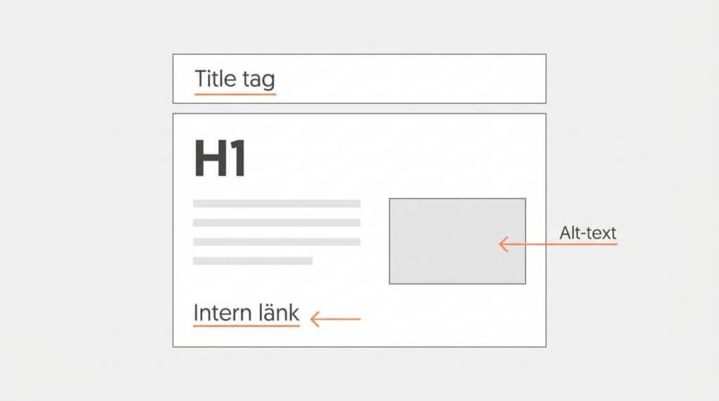 Wireframe-illustration av en webbsida med markerade on-page SEO-element som title tag, H1, alt-text och interna länkar