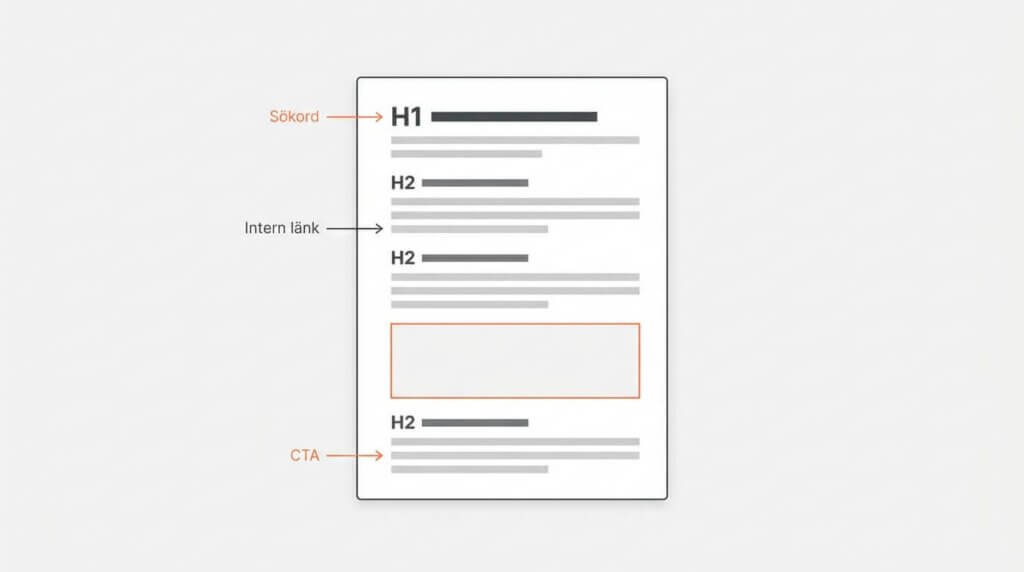 Wireframe-illustration av en artikelstruktur med H1, H2-rubriker, textblock och annotationer som markerar sökord, intern länk och CTA