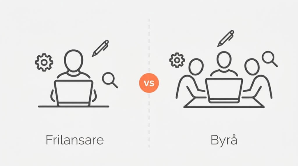 Jämförelseillustration som visar en ensam frilansare med verktyg mot ett byråteam med fördelade specialistkompetenser, separerade av ett orange "vs