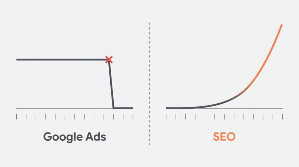 Jämförelse mellan Google Ads konstanta trafik som faller till noll vid budgetstopp, och SEO:s ackumulerande trafikkurva som fortsätter växa