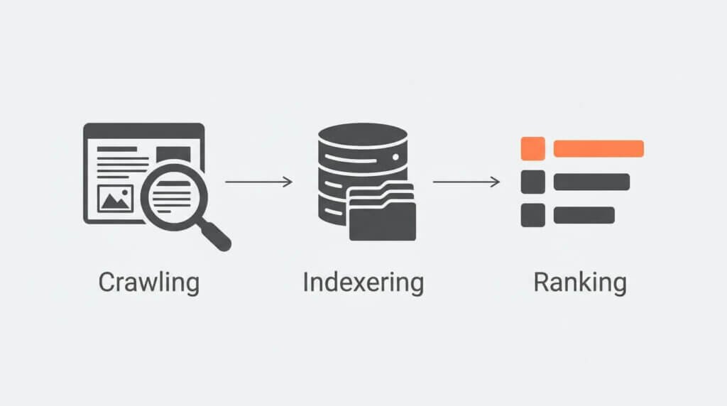 Illustration av Googles tre steg: crawling, indexering och ranking, visade som tre sammankopplade ikoner med pilar