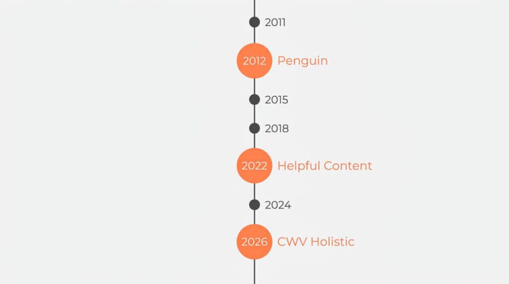 Vertikal tidslinje visar Googles algoritmuppdateringar från 2011-2026, med viktiga år som 2012 Penguin och 2022 Helpful Content markerade i orange cirklar.