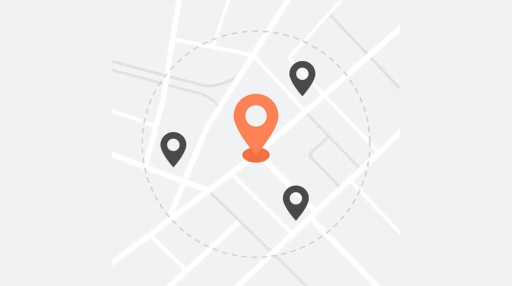 Stiliserad kartillustration med en orange kartpin i centrum omgiven av tre gråa konkurrentpinnar, som visar konceptet lokal SEO synlighet i Google