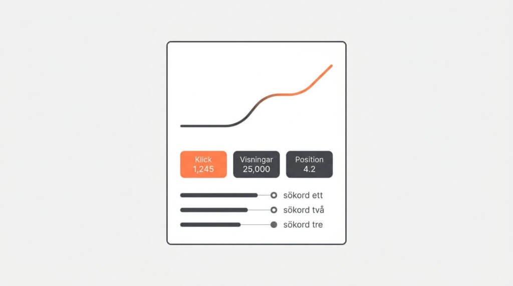 Stiliserad SEO-dashboard med en uppåtgående trafikkurva i orange, nyckeltal för klick, visningar och position, samt en sökordsöversikt