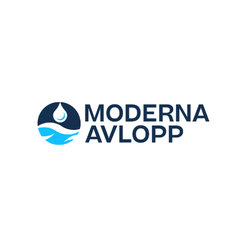 Logotyp med en mörkblå cirkel som innehåller en vit vattendroppe ovanför blå vågor, bredvid texten "MODERNA AVLOPP" i feta mörkblå bokstäver på vit bakgrund.
