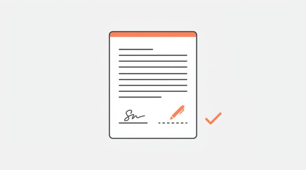 Stiliserat avtalsdokument med en signaturrad och en orange penna som svävar ovanför, som symboliserar beslutet att skriva under ett SEO-avtal