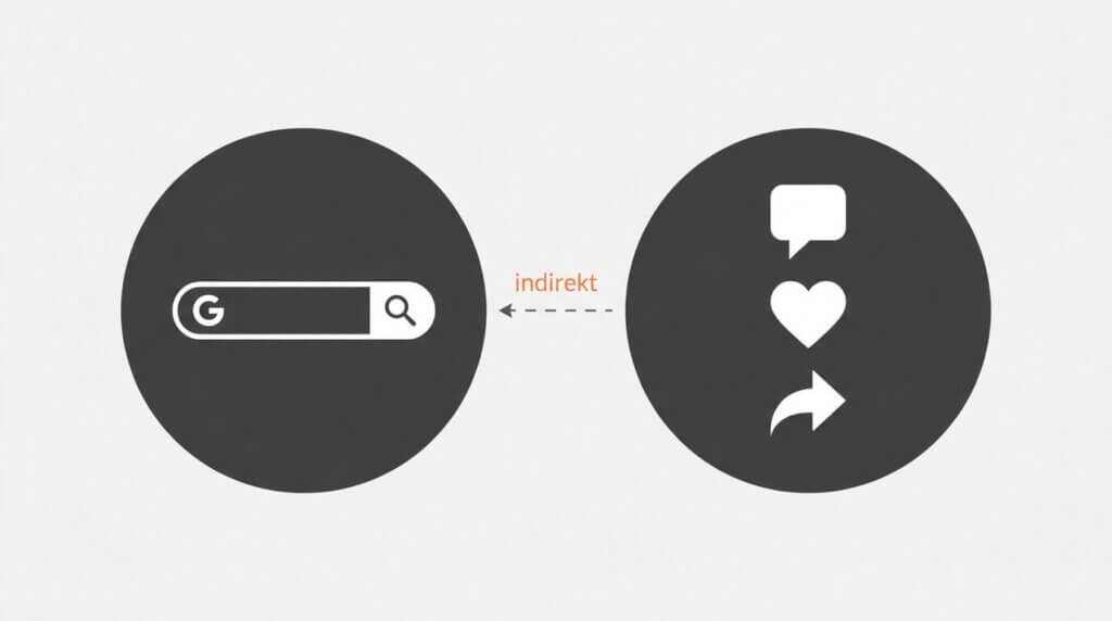 Två cirklar som representerar Google-sökning och sociala medier, kopplade med en streckad pil märkt "indirekt", som visar att sociala medier inte påverkar ranking direkt