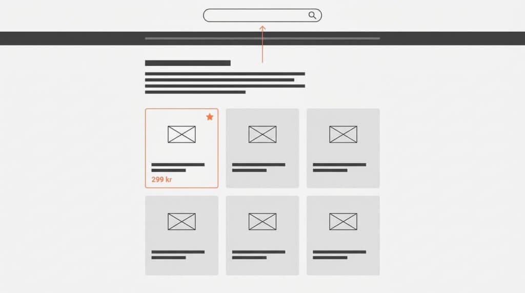 Wireframe-illustration av en e-handelskategorisida med optimerad rubrik, kategoriinledning och en produkt med rich snippet-markering i orange