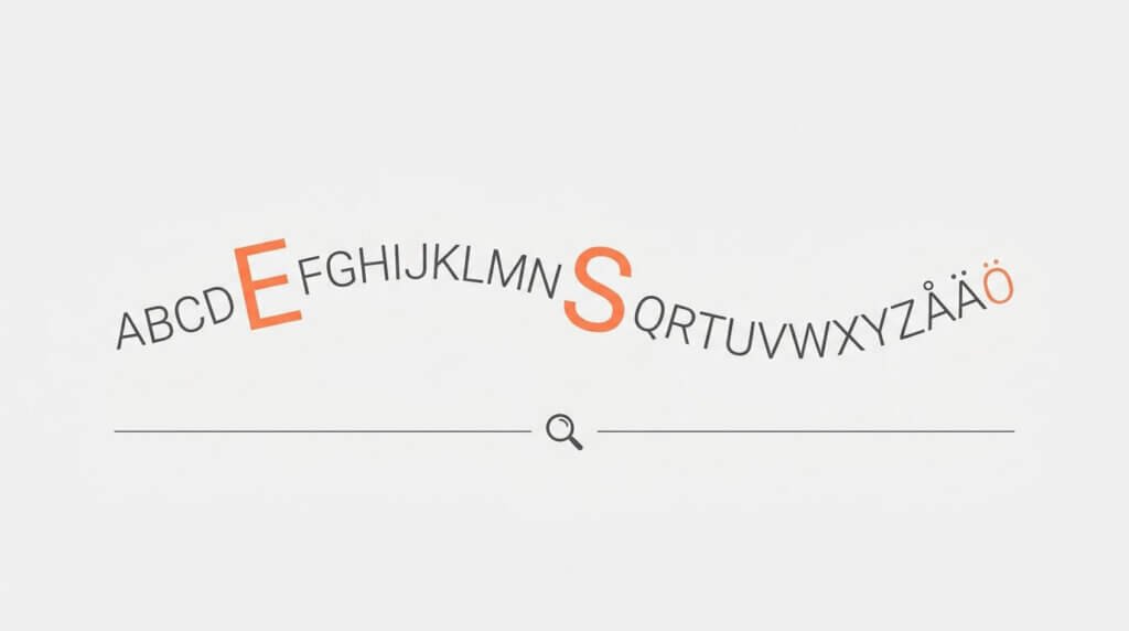 Alfabetets bokstäver i en rad med E, S och O markerade i orange, som representerar en SEO-ordlista