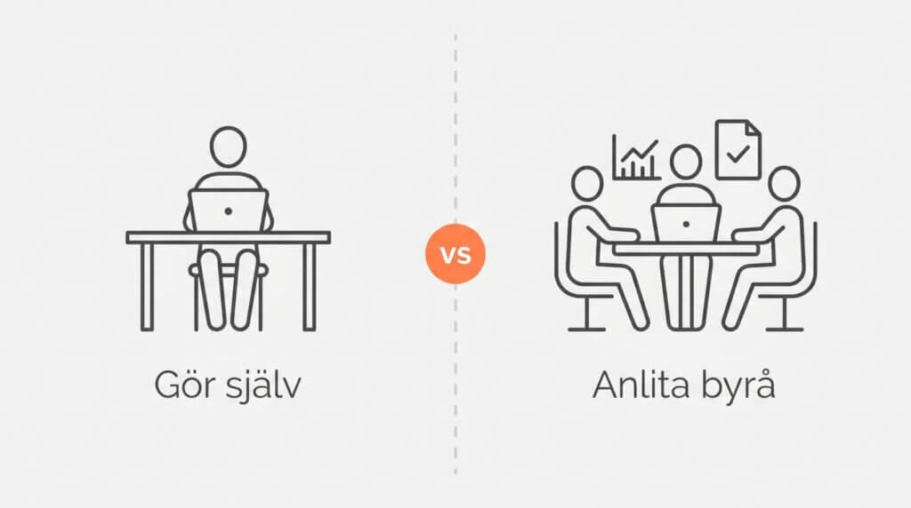 Illustration som jämför att göra SEO själv — en person vid en laptop — med att anlita en byrå — ett team runt ett bord, separerade av ett orange "vs"