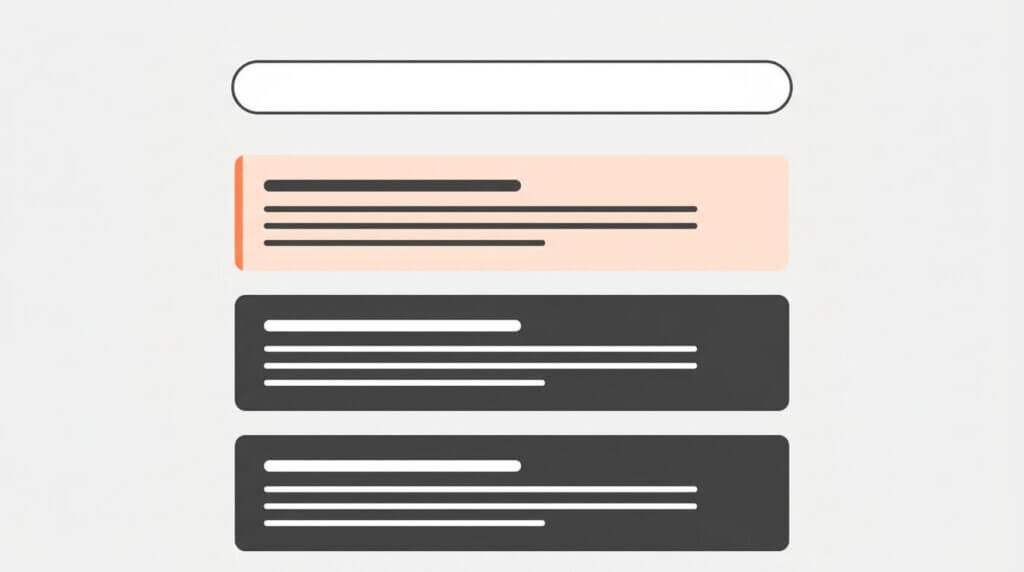 Stiliserad illustration av en sökresultatsida där det översta resultatet är markerat i orange, som visar värdet av att ranka högst på Google i ljusorange - perfekt för företagare med fokus på SEO och effektiv sökmotoroptimering. De två nedre resultaten är mörkgrå med vita linjer som text.