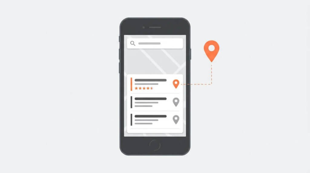 Stiliserad mobiltelefon som visar Google Maps-paket med tre företag, där det översta är markerat i orange med betyg — representerar ett tjänsteföretag som rankar lokalt