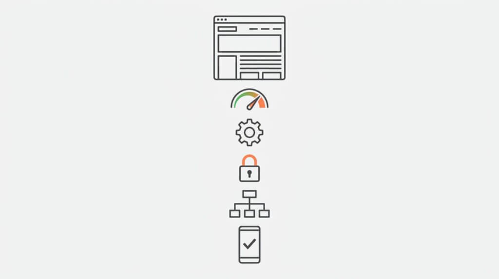 Illustration av en webbsidas teknisk SEO-element: sajthastighet, HTTPS, sitemap, mobilanpassning och strukturerad data