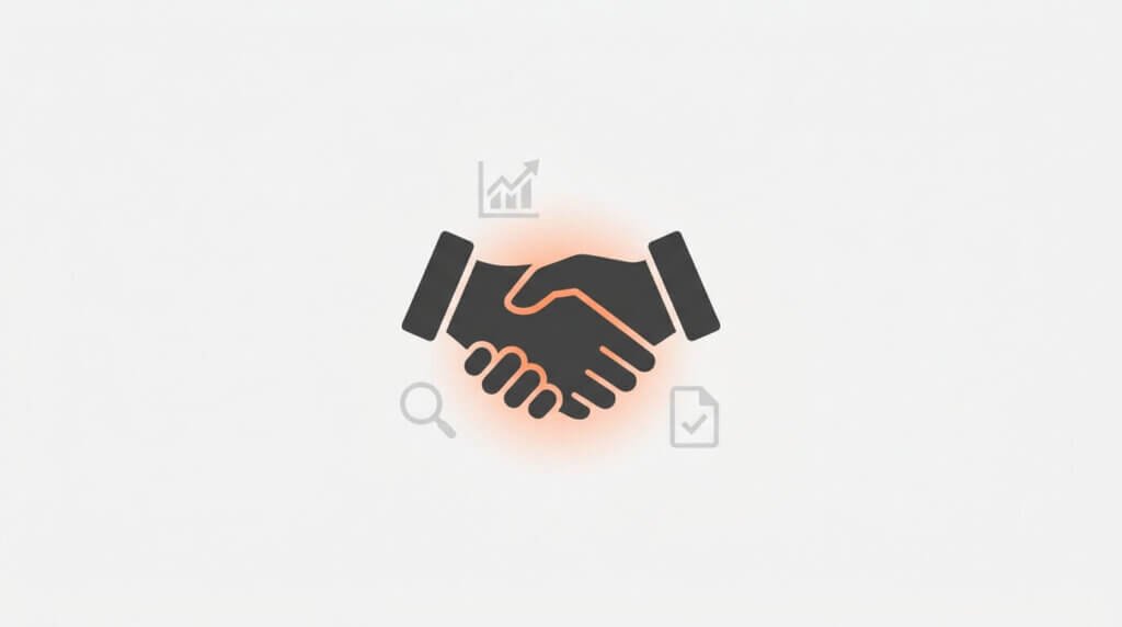Stiliserad illustration av ett handslag med en orange kontaktpunkt, omgivet av SEO-relaterade ikoner, som symboliserar valet av rätt SEO-byrå