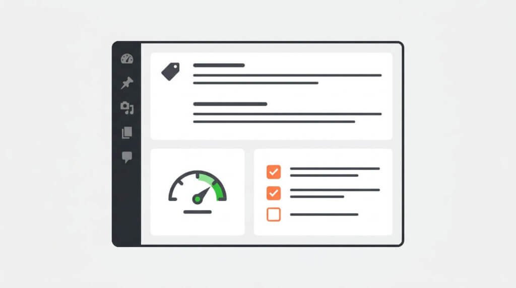 Stiliserad WordPress-dashboard med SEO-inställningar: title tag-fält, hastighetsmätare och en checklista med avbockade punkter i orange