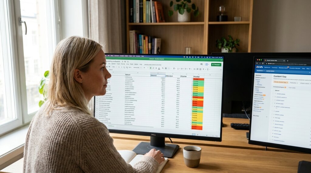 En person med blont hår sitter vid ett skrivbord och arbetar med ett kalkylblad som visas på en stor bildskärm. En annan bildskärm visar ett verktyg för innehållshantering. I bakgrunden finns hyllor med böcker och en växt. En kopp står på skrivbordet.