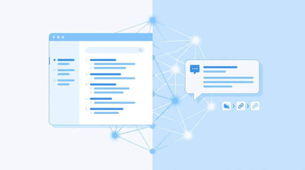 En stiliserad illustration som visar ett webbläsarfönster med en lista till vänster och en chattbubbla med ikoner till höger, sammankopplade med nätverksliknande linjer, som representerar digital kommunikation och informationsdelning.