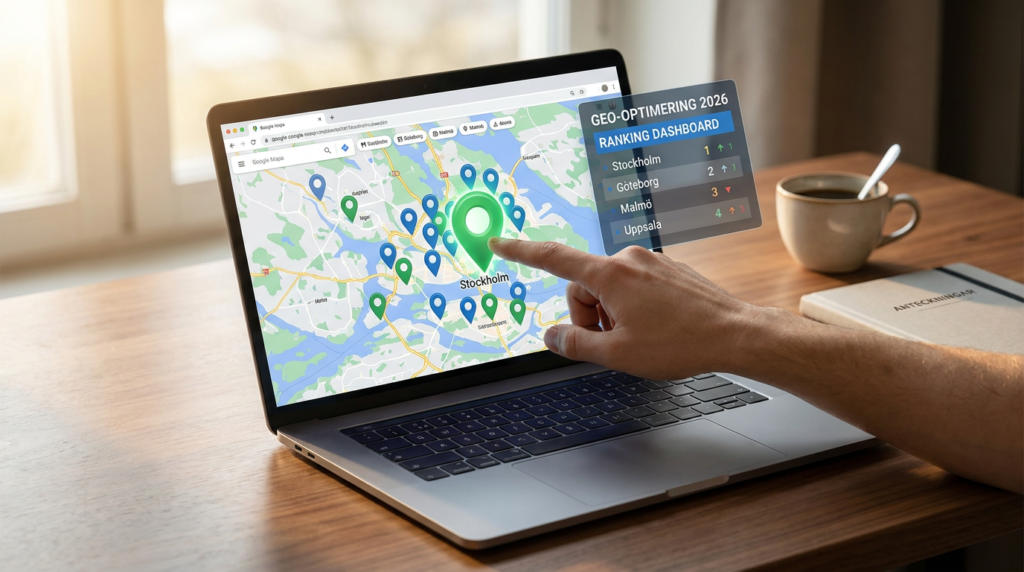 En person pekar på en grön platsmarkör på en digital karta som visas på en bärbar dator; en flytande rankningsinstrumentpanel visar stadsrankningar för SEO-optimering 2026. En kopp kaffe står på ett träbord i närheten.